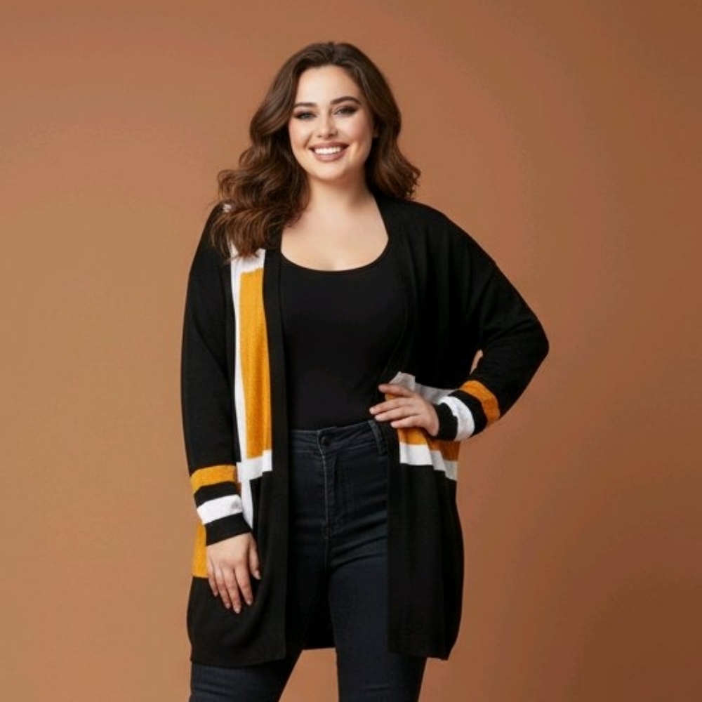 Est. 1945 Size Large Black, White, and Gold Geometric Block Cardigan